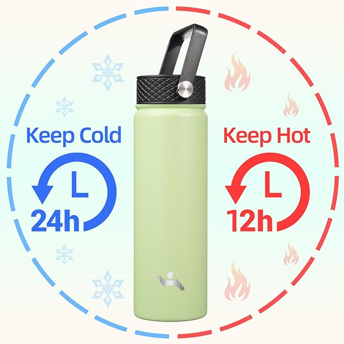 Konokyo 22oz Stainless Steel Bottles with 3 Lids Sport Insulated Water Bottle,Macaron Green