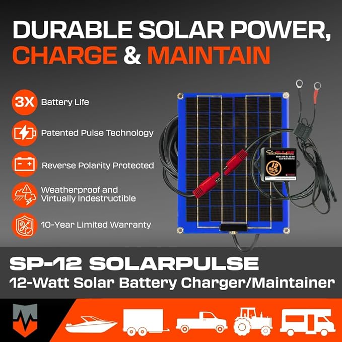 PulseTech SolarPulse SP-12 Solar Battery Charger Maintainer, 12 Watt, Blue
