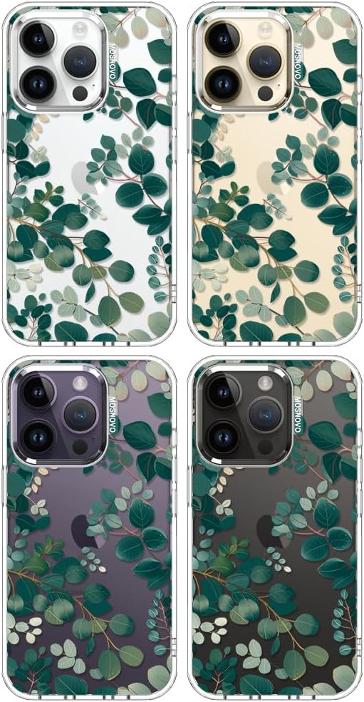 MOSNOVO Case for iPhone 14 Pro, [Buffertech 6.6ft Military-Grade Drop Protection] [Anti Peel Off Tech] Clear TPU Bumper Phone Case Cover Design - Eucalyptus