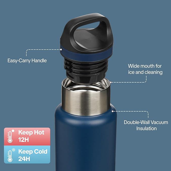 BJPKPK Insulated Water Bottle 18OZ Stainless Steel Water Bottle with Handle Double Walls Vacuum Insulated BPA Free Flask, Dark Blue