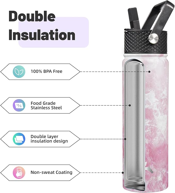 Konokyo 22oz Stainless Steel Bottles with 3 Lids Sport Insulated Water Bottle,Marble Blossom