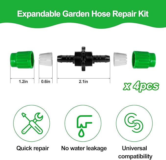 Vodolo Expandable Garden Hose Repair Kit,4 PCS Dual-Channel Hose Female Male Connectors Accessories with Metal Clamp Compatible with Pocket Hose Fit for 3/4" or 5/8" Garden Hose Fitting