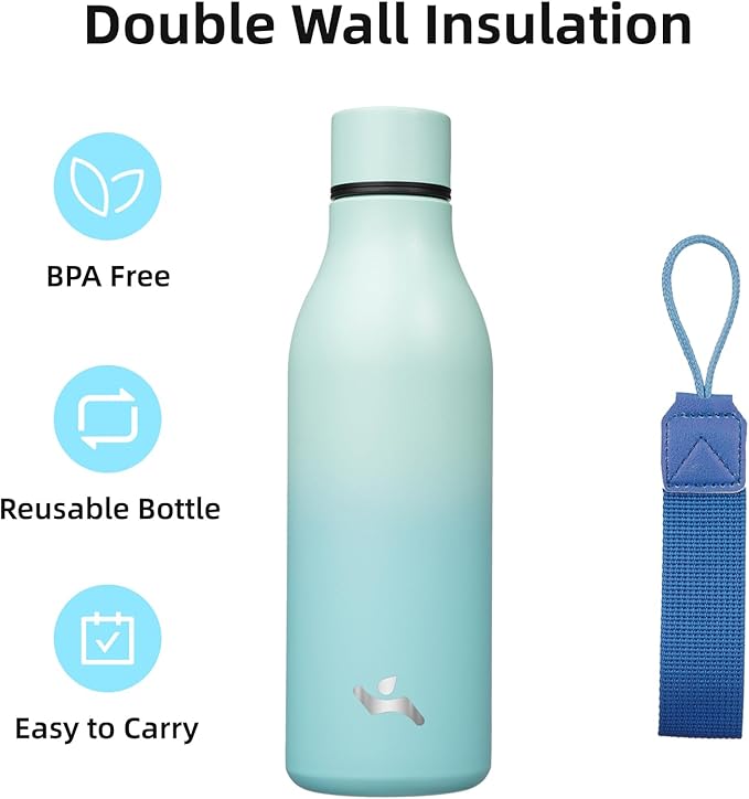 Konokyo Insulated Water Bottle with Strap,18 oz Double Wall Stainless Steel Vacuum Bottles Metal Water Flask,Mint