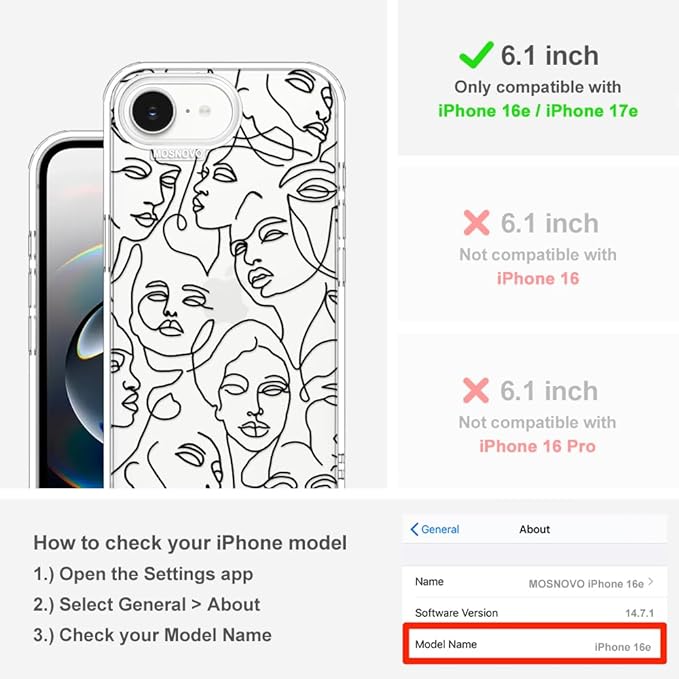 MOSNOVO for iPhone 17e Case/iPhone 16e Case, Shockproof Military-Grade Protection 6.6ft Drop Tested, Clear Phone Case for iPhone 16e / iPhone 17e, Abstract Face Line Art Design
