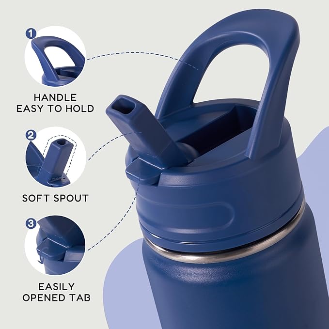 Fijinhom 12oz Kids Water Bottle for School, Toddler Bottles with Straws, Stainless Steel Vacuum Insulated Water Bottle for Boys&Girls, Leak-Proof, BPA-Free, Blue Black