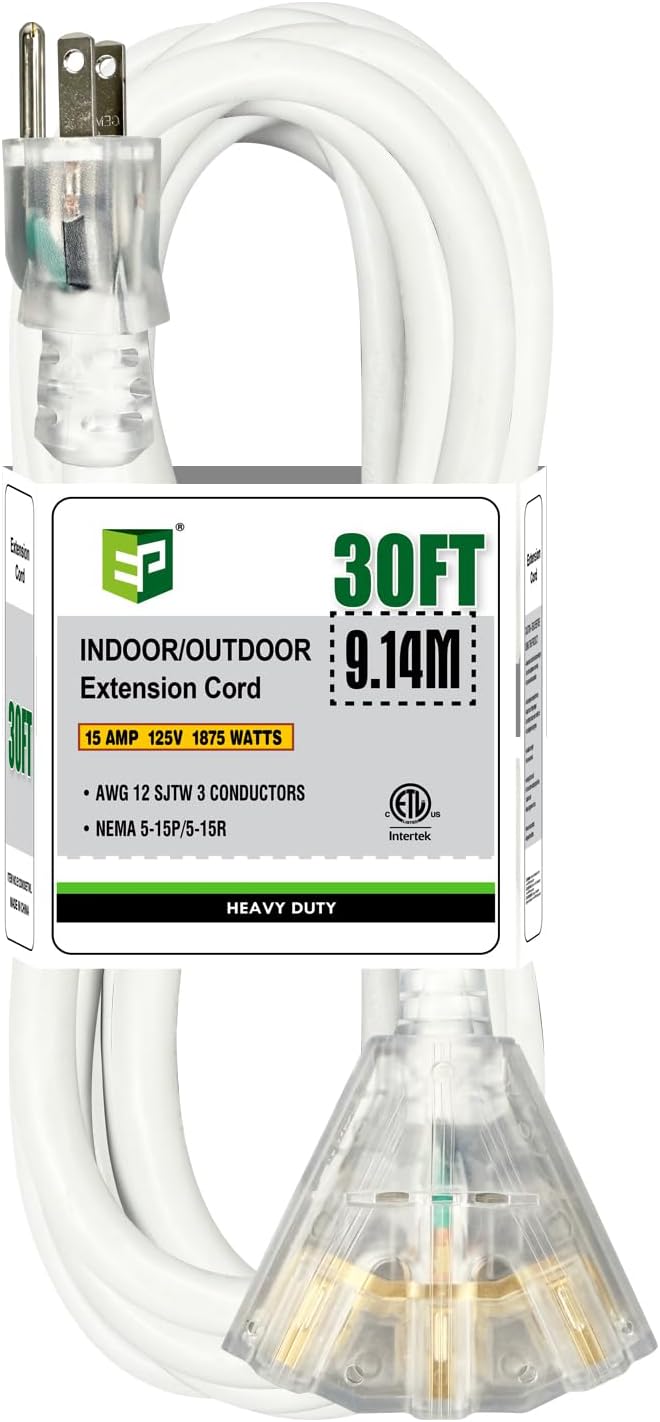 EP 30FT 12 Gauge Heavy Duty Extension Cord, 15A 125V 1875W, 3 Outlet Indoor/Outdoor Power Cord with Lighted End, 12/3 SJTW Weatherproof White, ETL Listed