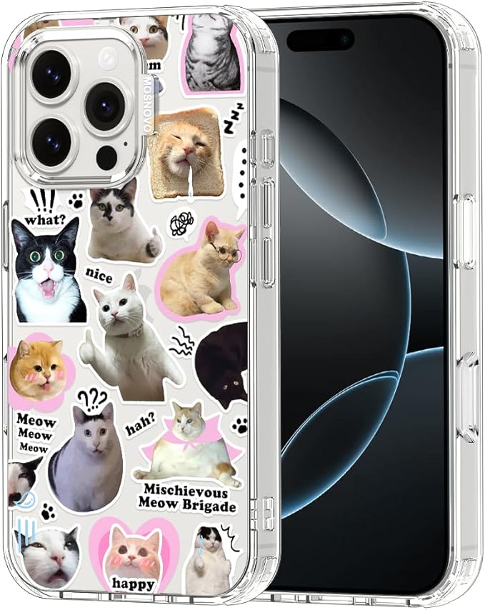MOSNOVO Case for iPhone 16 Pro Max, [Buffertech 6.6ft Military-Grade Drop Protection] [Anti Peel Off Tech] Clear TPU Bumper Phone Case Cover Design - The Cat Brigade
