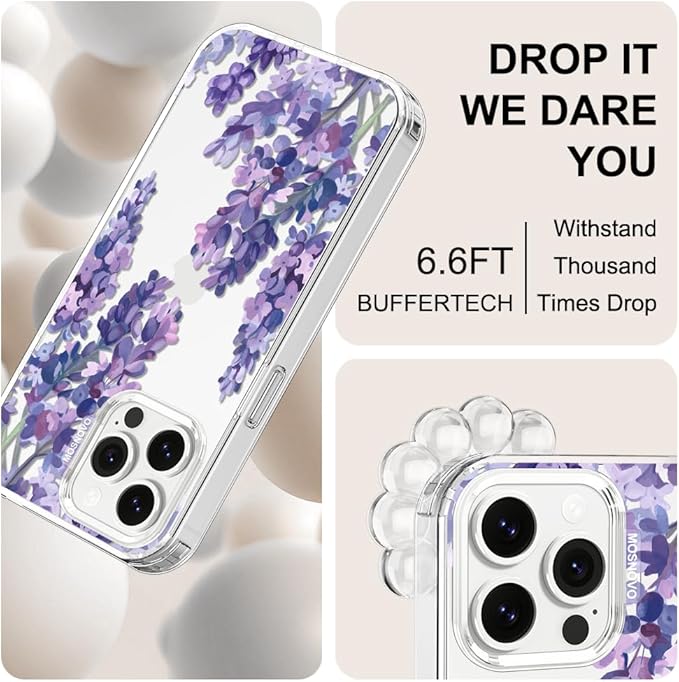 MOSNOVO Case for iPhone 13 Pro Max, [Buffertech 6.6ft Military-Grade Drop Protection] [Anti Peel Off Tech] Clear TPU Bumper Phone Case Cover Design - Lavender
