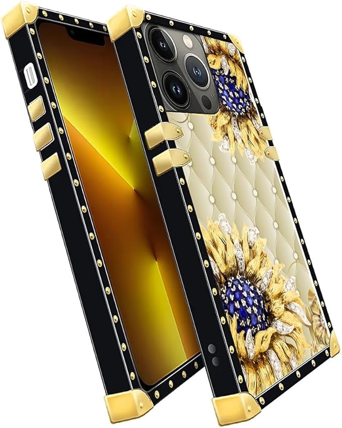 Compatible with iPhone 13 Pro Case, Sunflower Diamonds Leather Luxury Golden Decoration for Girl Women Soft TPU Shockproof Protective Hard PC Back for iPhone 13 Pro