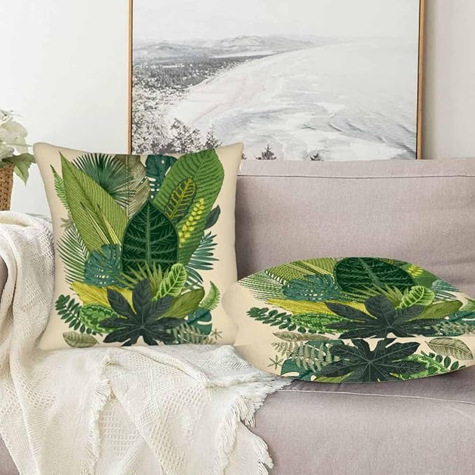 Tropical Leaves Palm 18x18 Throw Pillow Covers Set of 2 Green Tree Banana Leaf Alocasia Fern Monstera Cushion Pillow Cases Square Velvet Outdoor Decorative Home Bed Sofa Couch Office Hotel