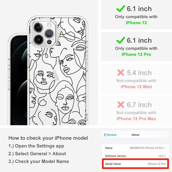 MOSNOVO Case for iPhone 12 & iPhone 12 Pro, [Buffertech 6.6ft Military-Grade Drop Protection] [Anti Peel Off Tech] Clear TPU Bumper Phone Case Cover Design - Abstract Face Line Art