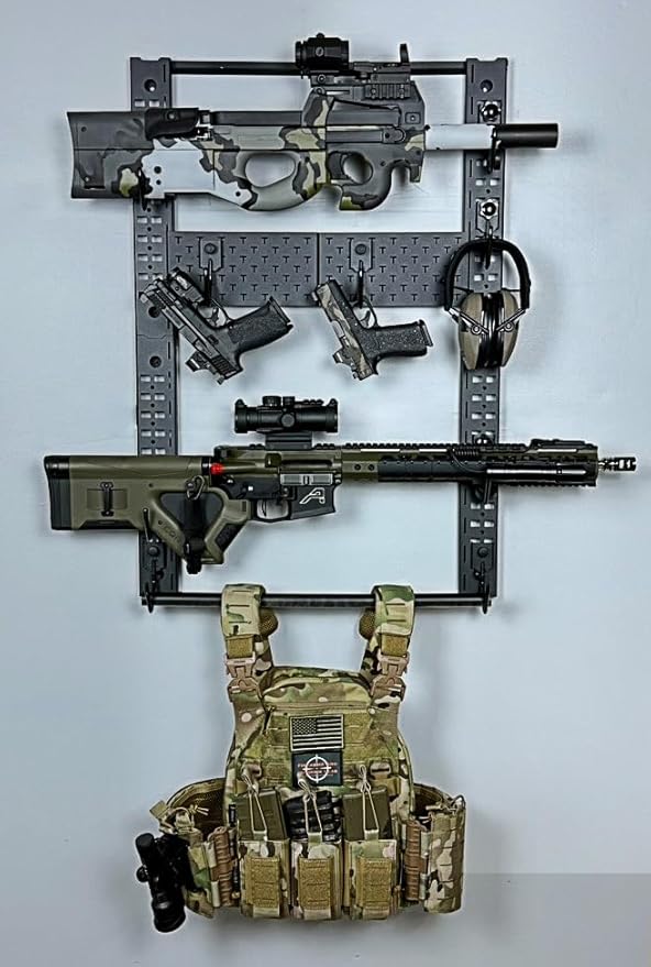 Adoreal Modularity Gun Wall Mount, Hold Up 120LBS Gun Rack for Wall with 10 Mounting J-Hooks, Rifle Shotgun Rack with Additional Storage, 31.8" x 22" Tactical Gear Wall Mount, Functional Gun Racks
