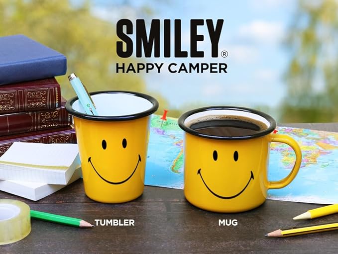 Suck UK Smiley Enamel Tumbler - Travel Tumbler - Camping Cup - Wine Cup - Camping Gifts - Outdoor Drinkware - Vintage Metal - Retro Coffee Enamelware - Stocking Stuffers - Happy Camper Gift - 10oz
