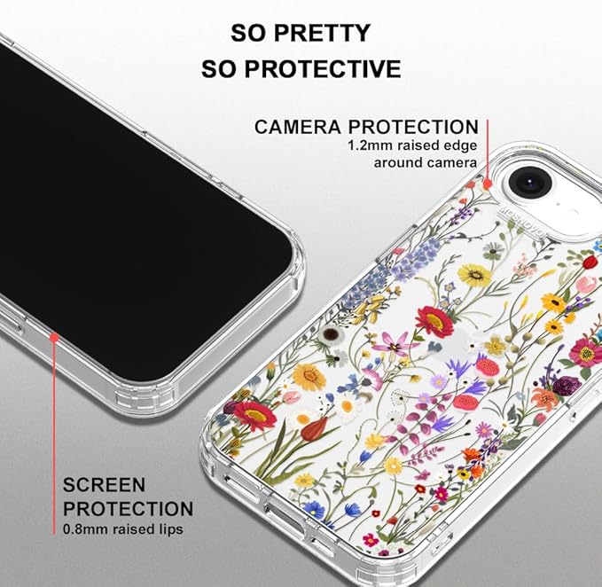 MOSNOVO for iPhone 17e Case/iPhone 16e Case, Shockproof Military-Grade Protection 6.6ft Drop Tested, Clear Phone Case for iPhone 16e / iPhone 17e, Wildflower Meadow Design