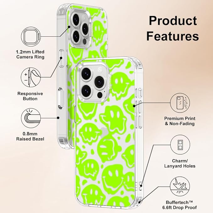 MOSNOVO Case for iPhone 16 Pro Max, [Buffertech 6.6ft Military-Grade Drop Protection] [Anti Peel Off Tech] Clear TPU Bumper Phone Case Cover Design - Distorted Green Smile Face