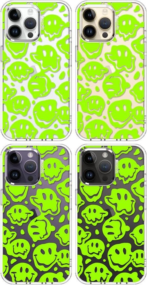 MOSNOVO Case for iPhone 14 Pro Max, [Buffertech 6.6ft Military-Grade Drop Protection] [Anti Peel Off Tech] Clear TPU Bumper Phone Case Cover Design - Distorted Green Smiles Face