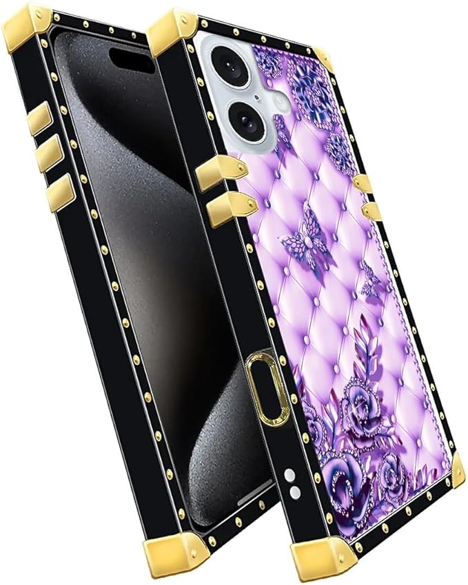 Compatible with iPhone 16 Case, Purple Butterfly Flowers Leaf Luxury Golden Decoration for Girl Women Soft TPU Shockproof Protective Hard PC Back
