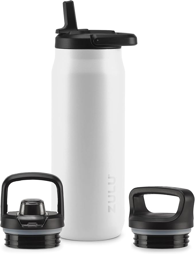 ZULU Base 32oz Stainless Steel Water Bottle with 3 Lids- Straw, Chug, Twist | Double Walled and Vacuum Insulated Metal Thermos | For Gym, Workout, Outdoor | Built in Carry Loop, Dishwasher Safe, White