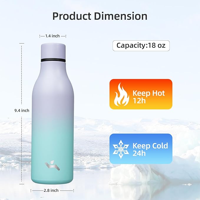 Konokyo Insulated Water Bottle with Strap,18 oz Double Wall Stainless Steel Vacuum Bottles Metal Water Flask,Lavender Green