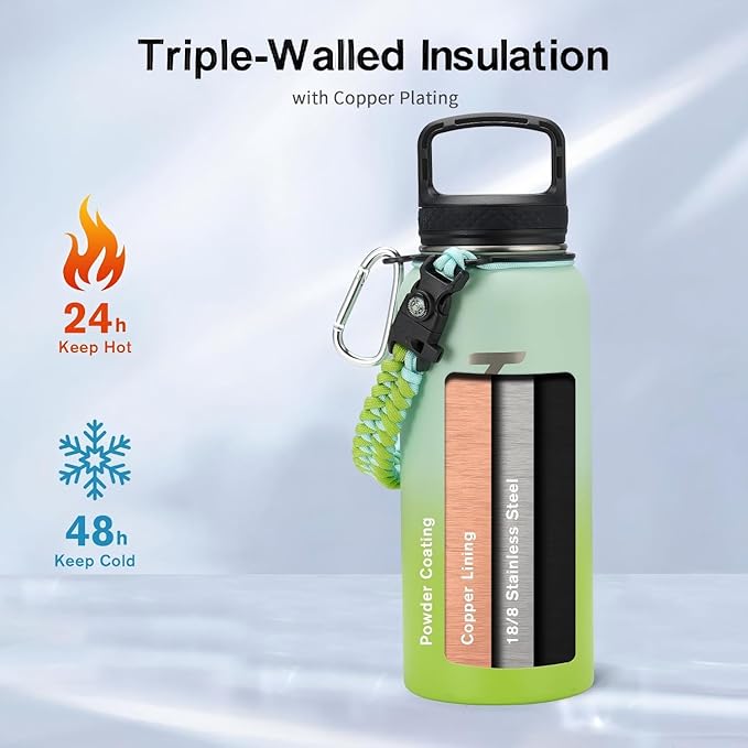 Trebo 32 oz Water Bottle Insulated with Lid and Straw, Triple Wall Vacuum Stainless Steel Sports Flask with Paracord Handle, Keep Hot 24 Hours & Cold 48 Hours Water Cup with 3 Lids, Dark Green