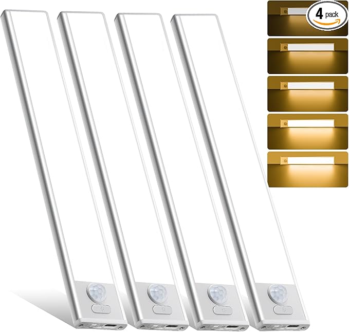 16inch Under Cabinet Lighting, 4 Pack Rechargeable Motion Sensor Light Indoor, Wireless Dimmable Magnetic Closet Lights, 68 LED Under Counter Lights for Kitchen, Wardrobe, Stairs, Warm Light