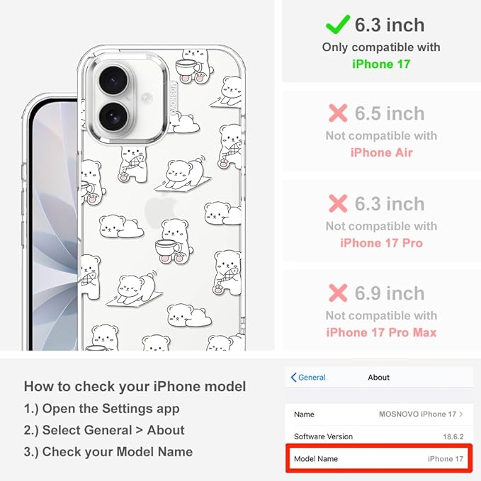 MOSNOVO for iPhone 17 Case, Shockproof Military-Grade Protection 6.6ft Drop Tested, Camera Control, Clear Phone Case for iPhone 17, Cozy Bear Days Design