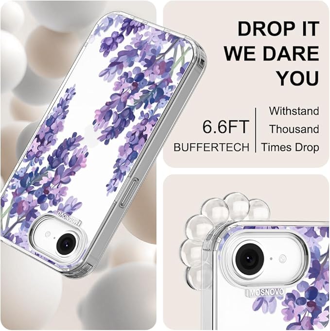 MOSNOVO for iPhone 17e Case/iPhone 16e Case, Shockproof Military-Grade Protection 6.6ft Drop Tested, Clear Phone Case for iPhone 16e / iPhone 17e, Lavender Design