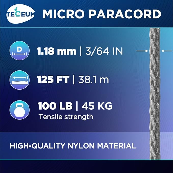 TECEUM Micro Paracord – 1.18 mm X 125 ft – Micro Utility Cord – Thin Braided Paracord Rope – Best for Crafting, DIY Projects, Fishing, Camping – Wind Chime Replacement – Survival Strong String