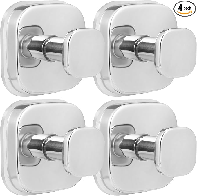 Suction Cup Hooks for Shower Heavy Duty No-Drill– Reusable Multi-Purpose Hooks Adheres to Glass, Mirrors, Tiles & Smooth Surfaces for Towels, Robes, Loofah& Body Sponge (4, Chrome Polished)