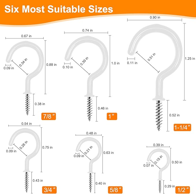 100 PCS Screw in Cup Hooks,6 Size Vinyl Coated Screw Ceiling Wind Chimes Cup Hooks for Hanging Indoor & Outdoor Use(White)