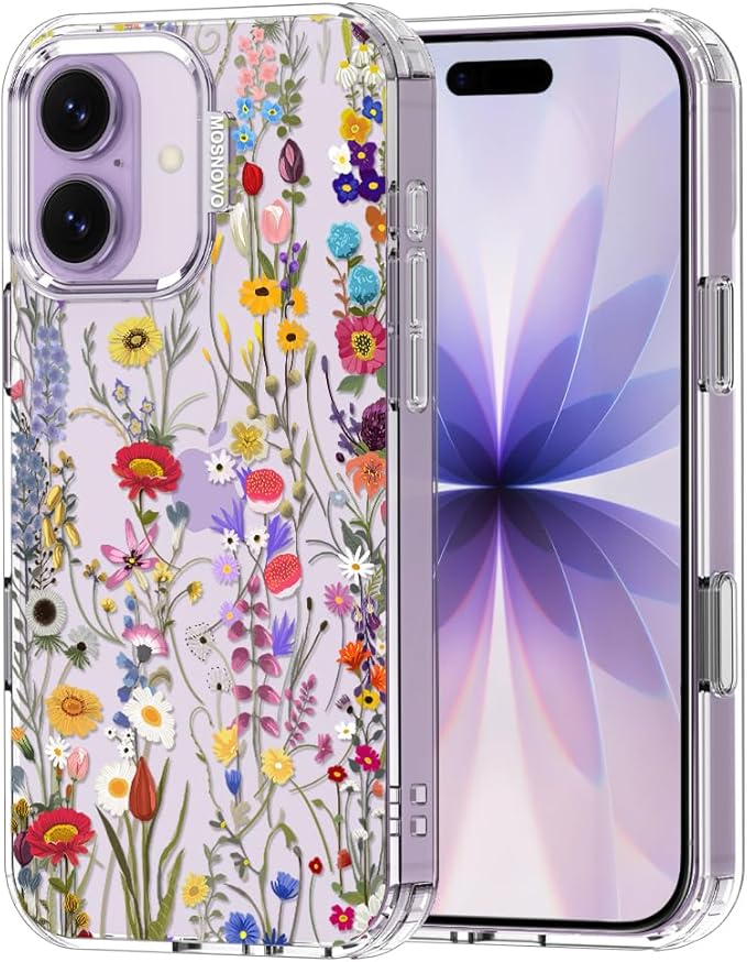 MOSNOVO for iPhone 17 Case | Military Grade 6.6ft Drop Tested | Camera Control | Clear with Wildflower Meadow Design