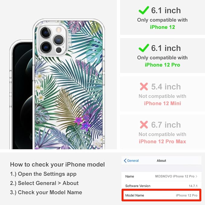MOSNOVO Case for iPhone 12 & iPhone 12 Pro, [Buffertech 6.6ft Military-Grade Drop Protection] [Anti Peel Off Tech] Clear TPU Bumper Phone Case Cover Design - Tropical Rainforests