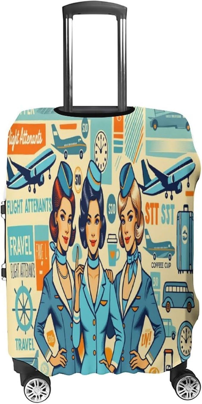 Flight Attendants Travel Vintage Style Retro Stretch Luggage Cover, Washable Suitcase Protector Fits 19-21in Cases, Secure Fit for Carry On Checked Bags, Travel Essentials