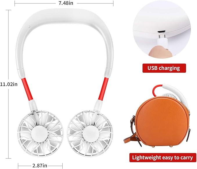 Portable Neck Fan Rechargeable Personal Hand-Free Fan Mini USB Wearable Neckband Sport Fan, 3 Speed Adjustable, 360 Degrees Free Rotation Perfect for Working, Traveling, Office, Reading (White)