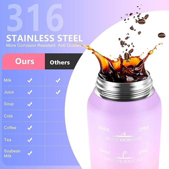 SLUXKE Stainless Steel Insulated Water Bottle 32oz with Handle, 1L Double Wall Insulated Bottle with Time Marker BPA Free, 1000ml Metal Water Flask for Outdoor Working School PURPLE PINK
