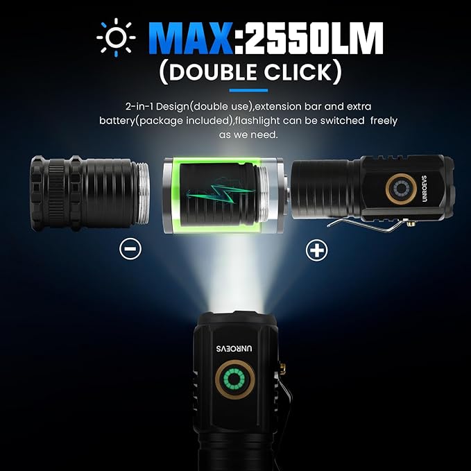 UNROEVS 2550 Lumen 2-in-1 Small Flashlight,Led Rechargeable Flashlights High Lumens USB C Charge,Small Powerful Flashlights with 5 Modes, Magnetic Flashlight for Camping, Hiking, Emergency