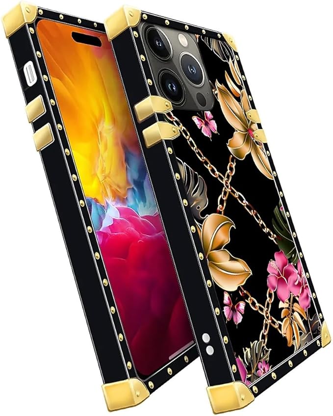 Compatible with iPhone 15 Pro Max Case, Pink Golden Chain Tropical Flower Luxury Golden Decoration for Girl Women Soft TPU Shockproof Protective Hard PC Back for iPhone 15 Pro Max