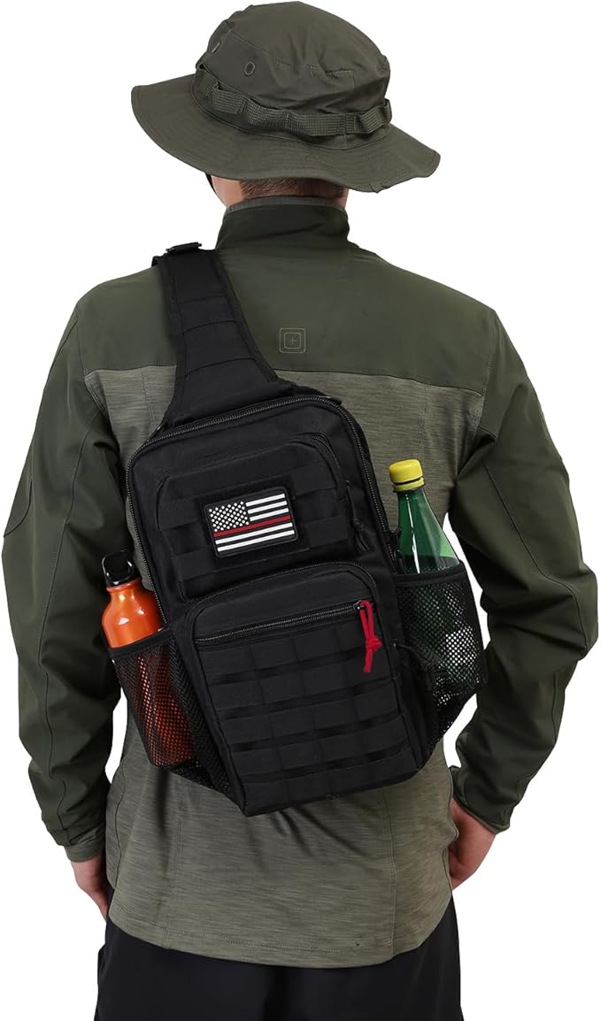 Rover Sling Pack Tactical Shoulder Sling Bag Backpack with Bottle Holder Crossbody Chest Bag, Black with Red Rope/Patch