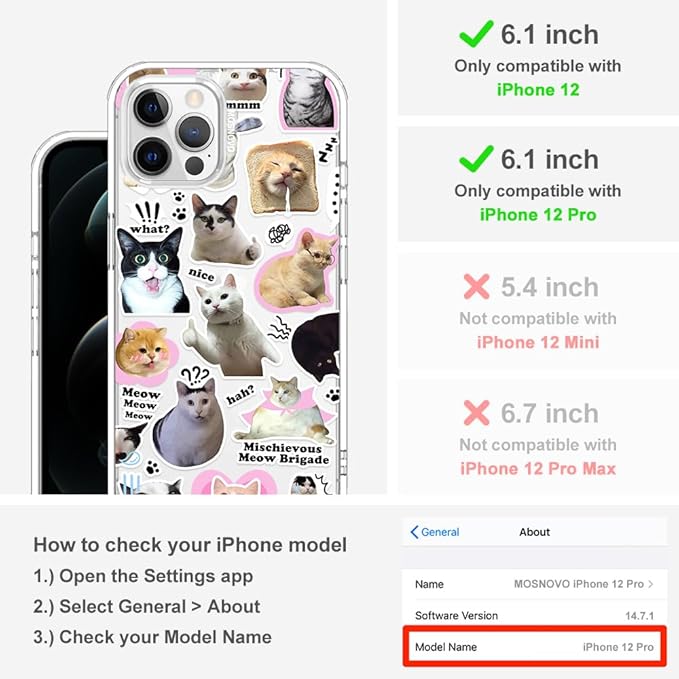 MOSNOVO Case for iPhone 12 & iPhone 12 Pro, [Buffertech 6.6ft Military-Grade Drop Protection] [Anti Peel Off Tech] Clear TPU Bumper Phone Case Cover Design - The Cat Brigade