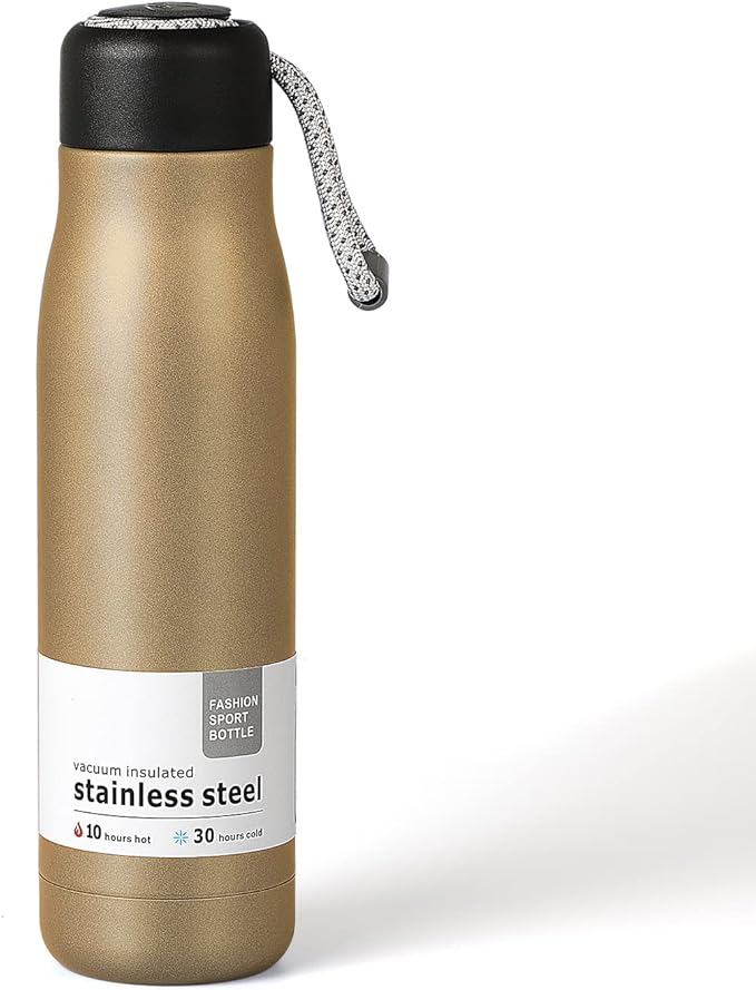 Water Bottle with Portable Lid Metal Vacuum Insulated Stainless Steel | Reusable Leak Proof Flask | 17oz, Gold