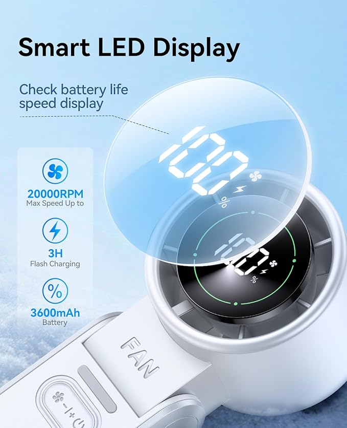 KIMMOO 3-in-1 Portable Handheld Turbo Fan-100 Speeds,Powerful 20000 RPM, 12Hrs Cooling, LED Display, 120° Rotation, USB Rechargeable Mini Hand Held Personal Fan for Travel Makeup Outdoor Indoor, White