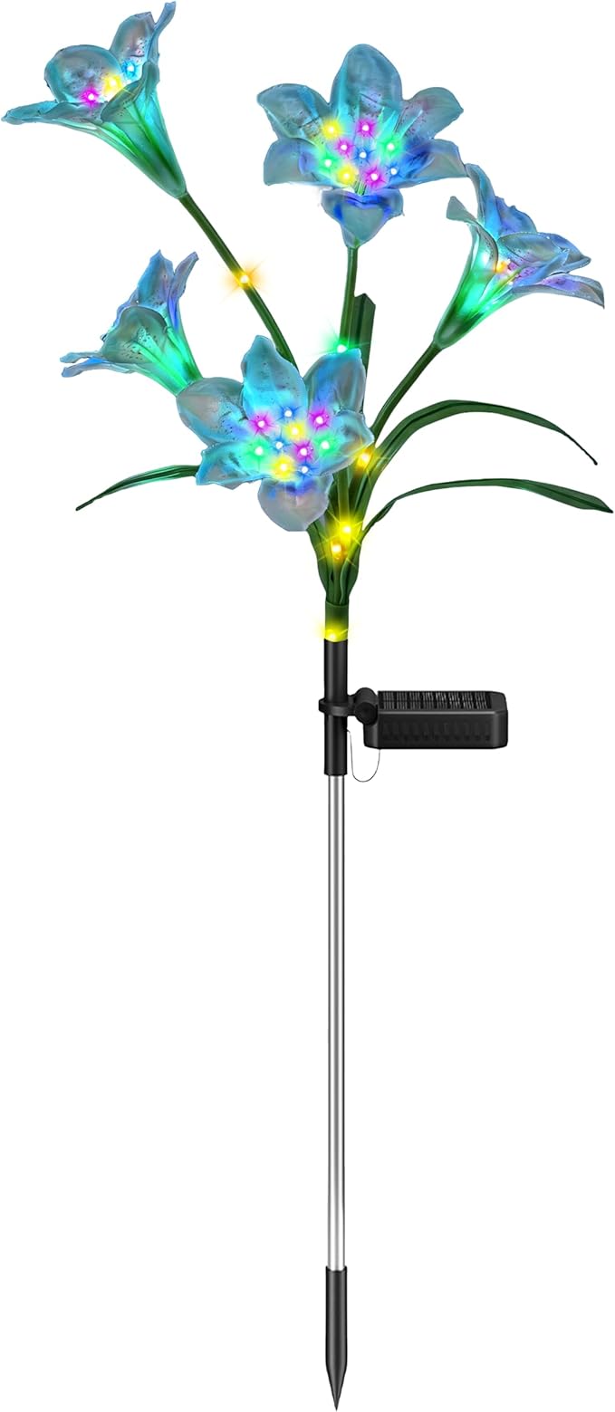 Upgrade Solar Lights Outdoor Garden Decor: 2 Pack Solar Lily Flowers, 10 Colored Blooming Lilies with Glowing Stems, Waterproof Decorative Light for Yard Patio Flower Bed, Gifts for Women
