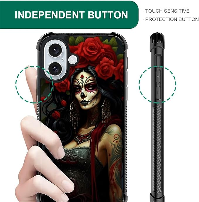 for iPhone 16 Case, Day of The Dead Halloween Woman Pattern Graphic Design Girl Boy Soft Silicone Hard Acrylic Shock Protection for iPhone 16