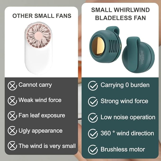 Portable Silent Mini Bladeless Fan Clip On,Small Clip Fan, Adjustable 3 Speeds Suspended, Waist Fans forclip onfan for shirt Suitable for Outdoor & Travel & Office (Green)