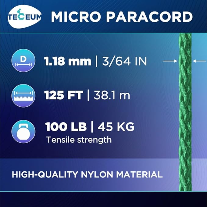TECEUM Micro Paracord – 1.18 mm X 125 ft – Micro Utility Cord – Thin Braided Paracord Rope – Best for Crafting, DIY Projects, Fishing, Camping – Wind Chime Replacement – Survival Strong String