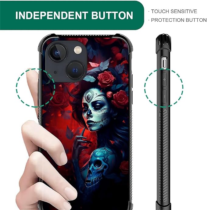 for iPhone 14 Case, Skull Lady Rose Pattern Graphic Design Girl Boy Soft Silicone Hard Acrylic Shock Protection for iPhone 14