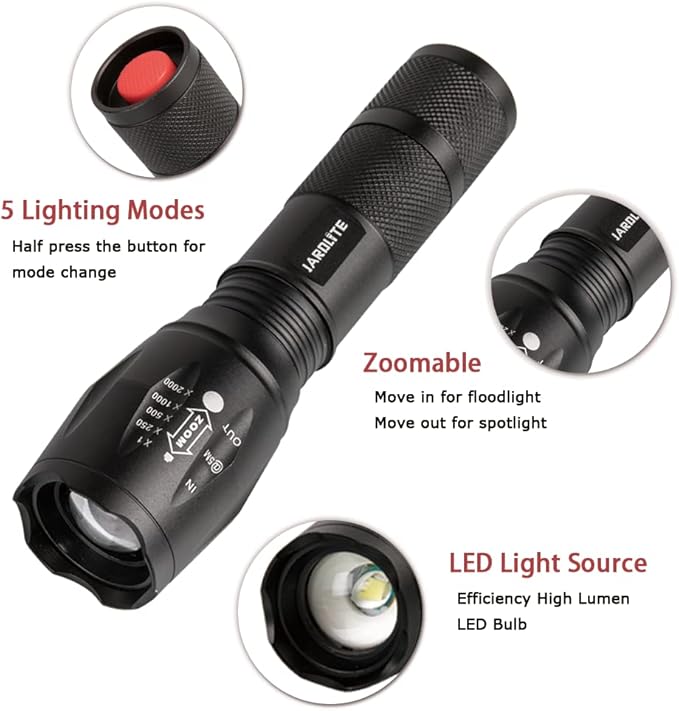JARDLITE LED Emergency Handheld Flashlight, 4 Pack, Adjustable Focus, Water Resistant with 5 Modes, Best Tactical Torch for Hurricane, Camping, Dog Walking
