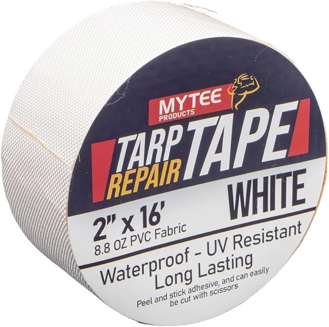 Mytee Products 2" x16' White Vinyl Tarp Repair Tape Kit – Heavy Duty 8.8oz Peel & Stick Waterproof Patch for Canvas, Tent, Awning, Boat Cover, RV & Truck Tarps, UV Resistant