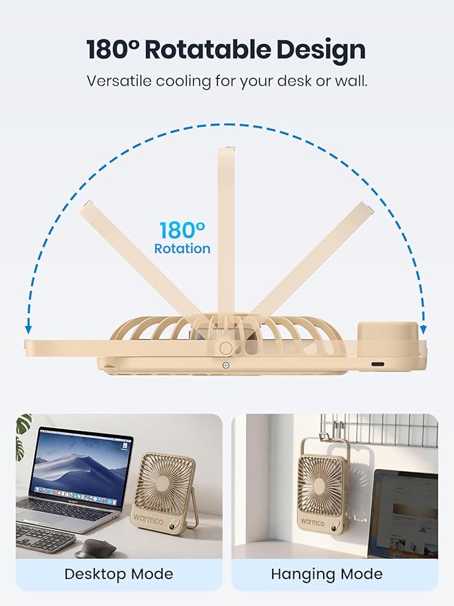 Warmco 10000mAh Portable Travel Fan 7-inch, Max 24H Runtime, Ultra-thin Quiet Rechargeable Battery Operated Desk Fan with Digital Display for Camping, Office, Bedroom, Cruise Essentials