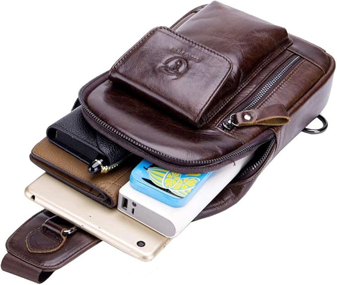 Hebetag Leather Sling Bag Hiking Daypack for Men Women Outdoor Travel Camping Fishing Crossbody Shoulder Chest Pack Casual Backpack